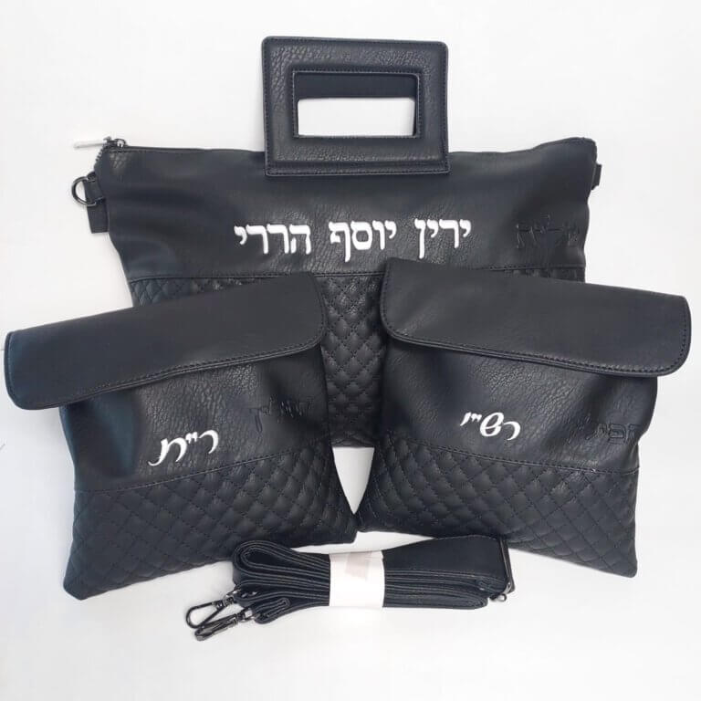 סט תיקים טלית ותפילין דגם יוסף שחור רש"י ור"ת