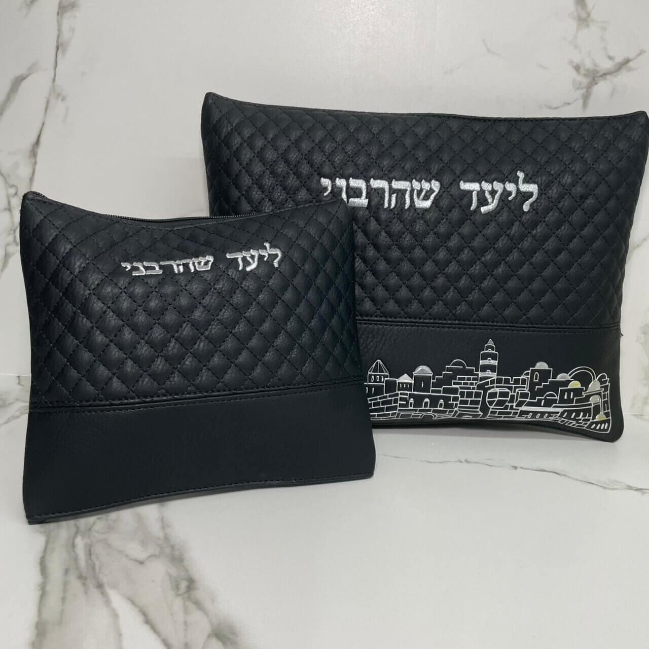 כיסויים לטלית ולתפילין דגם ירושלים בצבע שחור