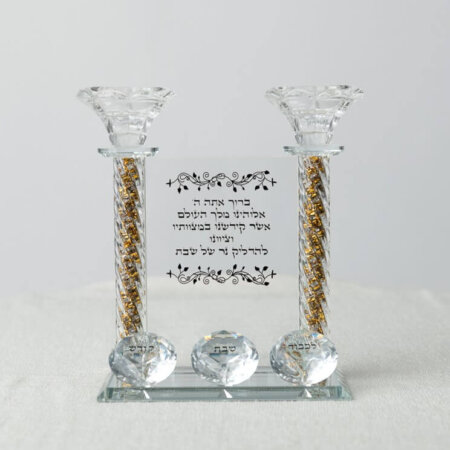 פמוטי קריסטל מהודרים עם הדלקת נרות במילוי אבנים זהב