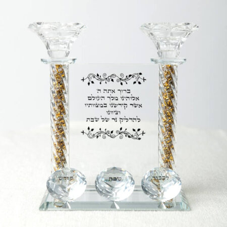 פמוטי קריסטל מהודרים עם הדלקת נרות במילוי אבנים זהב
