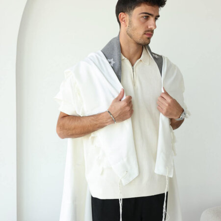 טלית צמר - עטרה פשתן אפור עם מגן דוד לבן