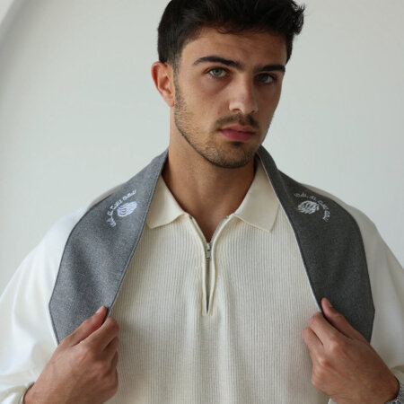 טלית צמר - עטרה פשתן אפור עם האש שלי לבן