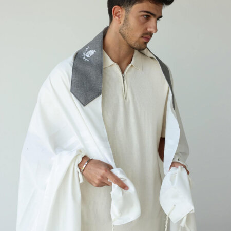 טלית צמר - עטרה פשתן אפור עם האש שלי לבן