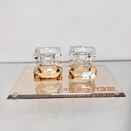 פמוטים מוזהבים קריסטל כולל מגש