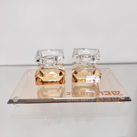 פמוטים מוזהבים קריסטל כולל מגש