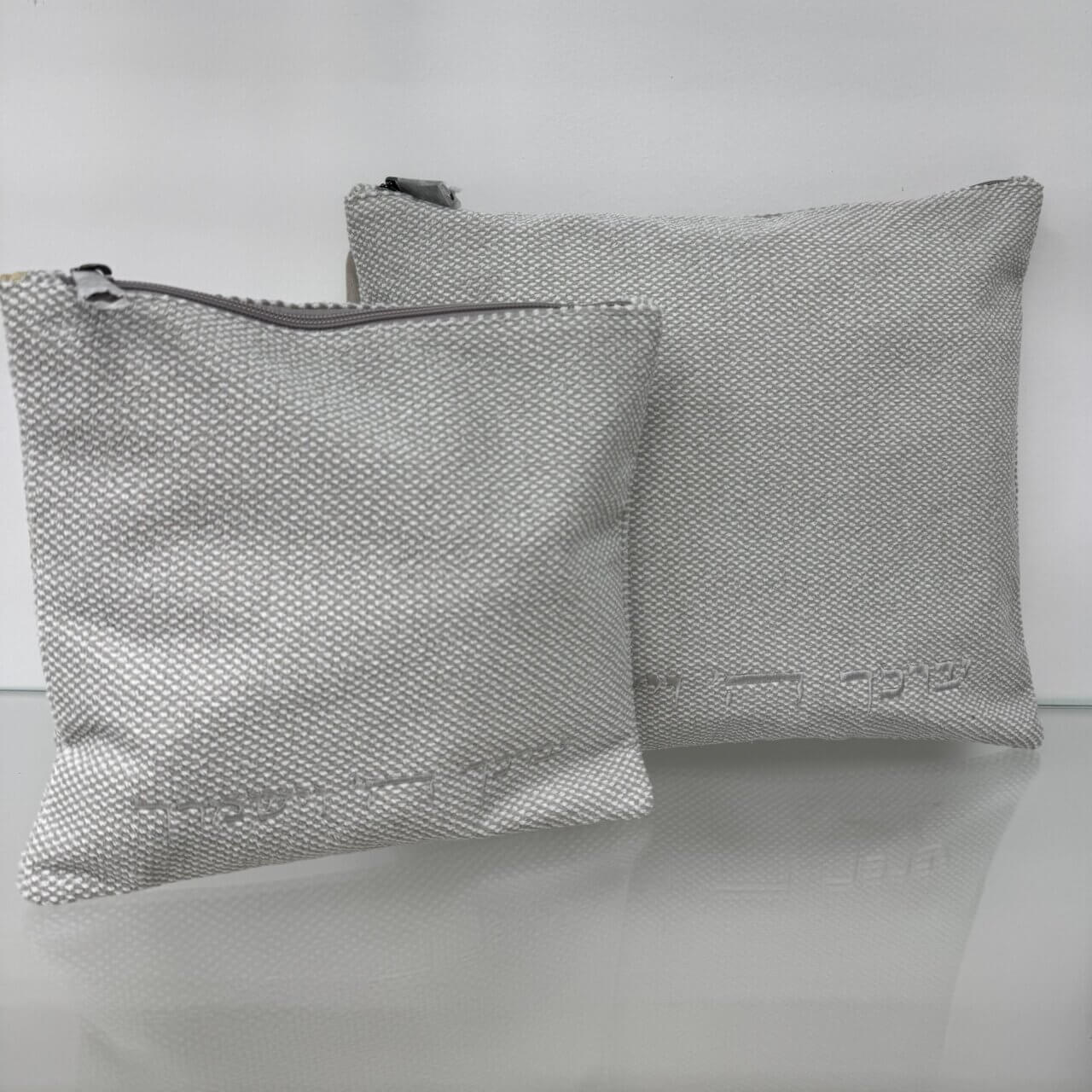 כיסויים לטלית ולתפילין מבד דגם "ישמח ישראל" אפור בהיר